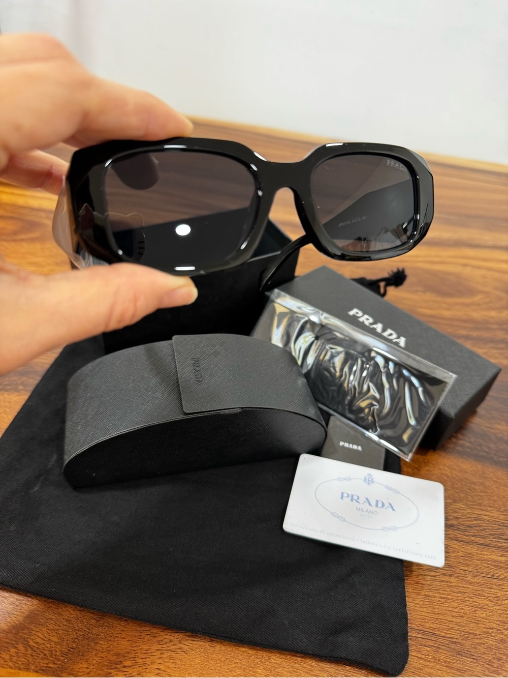 Prada Glossy Black Rectangular Sunglasses with Dark Lenses - Picture 5 of 13
